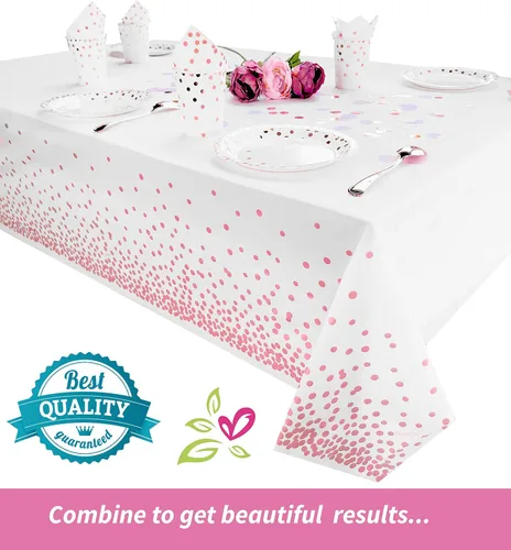 Miniatura 2 de Mantel de plástico para fiestas, manteles desechables, diseño elegante, decoración de lunares rosados, blanco, impermeable, rectangular, 54 x 108