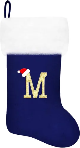 Miniatura 90 de Calcetines de Navidad bordados de 20 pulgadas con monograma, terciopelo negro con puño de felpa blanca supersuave, adornos clásicos para decoración
