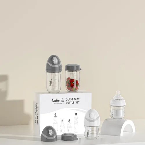 Miniatura 2 de Gulicola Juego de 4 Biberones de Vidrio Natural para Bebé, Biberones de Lactancia Materna para Recién Nacido Niño con Pezones de Flujo Lento, 0