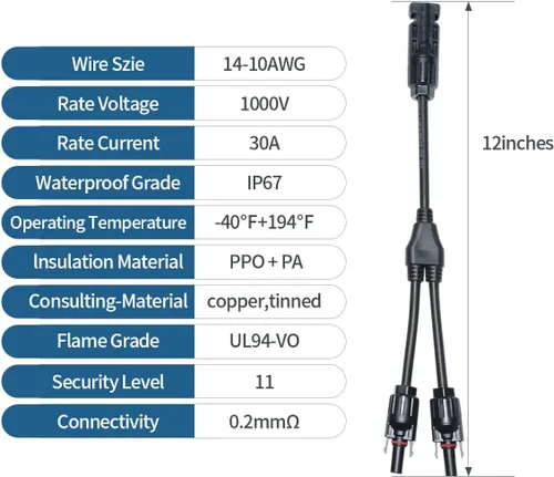 Miniatura 7 de ELFCULB 1 par de conectores de panel solar, 1 pie de cable adaptador paralelo de rama en Y, 1 macho a 2 hembras (M/FF) y 1 hembra a 2 machos (F/MM)
