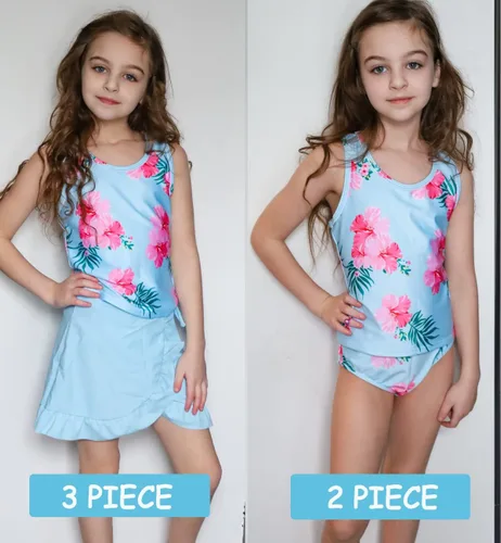 Miniatura 38 de Traje de baño tankini de 3 piezas para niñas, lindo bikini con salida de baño con falda de playa de 5 a 16 años