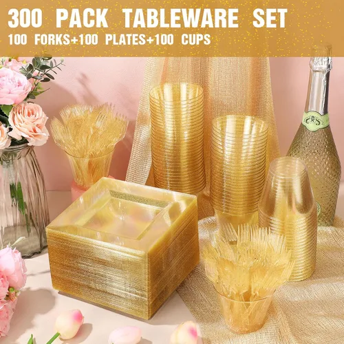 Miniatura 5 de Mifoci Juego de 300 platos de plástico con purpurina dorada para bodas, fiestas, 100 platos de postre de 6.5 pulgadas con 100 tenedores y 100 tazas