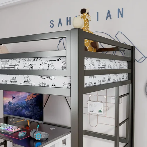 Miniatura 3 de ikalido - Cama elevada de metal tamaño individual con barandilla de seguridad y escalera, no necesita somier, muebles de dormitorio que ahorran