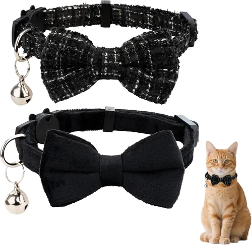 Miniatura 18 de Collar de gato con campana para niño y niña, pajarita de seguridad, a cuadros, color sólido, conjunto de regalo, lindo festivo, [2 piezas], verde