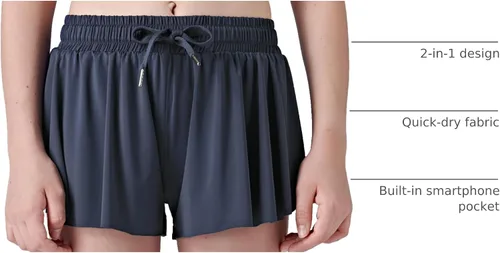 Miniatura 78 de Paquete de 3 pantalones cortos fluidos para niñas con forro de elastano, 2 en 1, faldas de mariposa para jóvenes, para fitness, correr, deportes