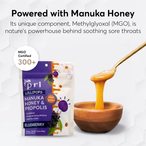 Miniatura 4 de P.R.I Miel de Manuka con Própolis, Certificada MGO 300+ – Piruletas para calmar la garganta, sabor saúco, (24 piruletas, 184 g)