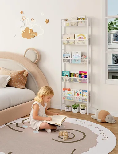 Miniatura 4 de B8 - Estantería para niños montada en la pared, estantería de pared de 5 niveles para niños, organizador de libros infantiles para juguetes y Blanco