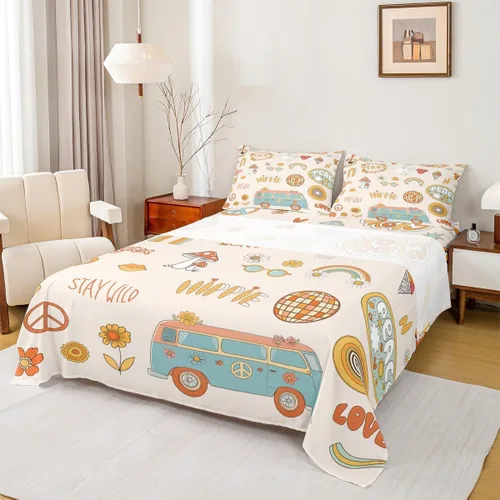 Miniatura 14 de Erosebridal Groovy - Juego de sábanas para decoración de fiesta para niñas y mujeres, diseño de signo de paz, tamaño individual, sábanas de mariposa