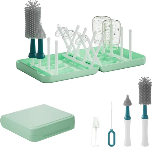 Juego de cepillos portátiles para biberones con múltiples cepillos, dispensador de jabón, estante de secado de botellas plegable para 16 biberones,