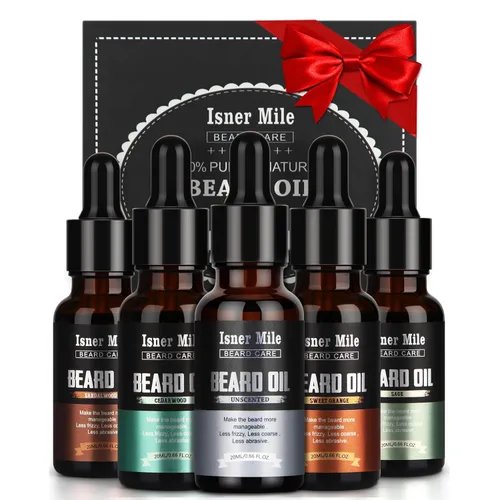 ISNER MILE Kit de 5 Aceites para Barba: Sándalo Naranja Cedro Salvia Sin Fragancia para Cuidado y Acondicionador de Barba, Rellenos de Calcetín