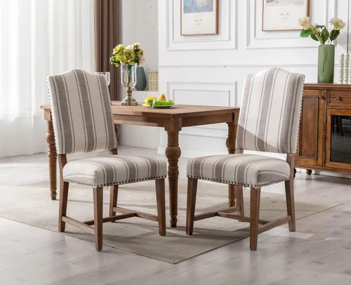Shunzhi Farmhouse - Juego de 2 sillas de comedor tapizadas estilo Parson, modernas de mediados de siglo con cabeza de clavo, de lino, sin brazos,