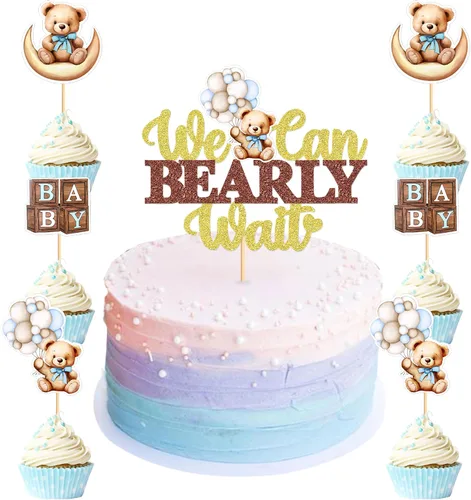 Miniatura 14 de 24 piezas de decoración para cupcakes con temática de "We Can Bearly Wait" Oso de globos brillantes, decoración temática de revelación de género