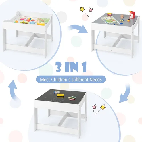 Miniatura 4 de HONEY JOY Mesa y sillas para niños, juego de actividades de madera 3 en 1 con almacenamiento, mesa desmontable, para arte, manualidades, dibujo, Gris