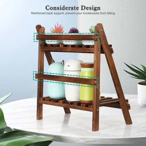 Miniatura 5 de Jotsport Soporte de mesa de 2 niveles para plantas, estilo escalón, organizador de almacenamiento de escritorio, estante de exhibición de madera