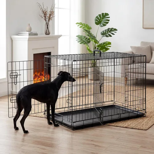 Miniatura 7 de DUMOS Jaula para perros, jaula mediana de doble puerta de 36 pulgadas con bandeja de plástico a prueba de fugas, asa, perrera plegable de alambre