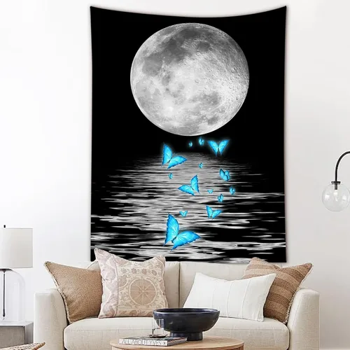 Miniatura 13 de LB Tapiz pequeño de luna llena sobre océano, tapiz de pared de cielo nocturno estrellado, fantasía 3D, arte de pared de luna grande en blanco