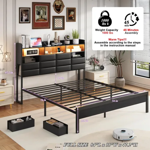 Miniatura 2 de Base de cama negra de tamaño completo con 2 cajones de almacenamiento y estación de carga, marco de cama tapizado con cabecero de piel sintética