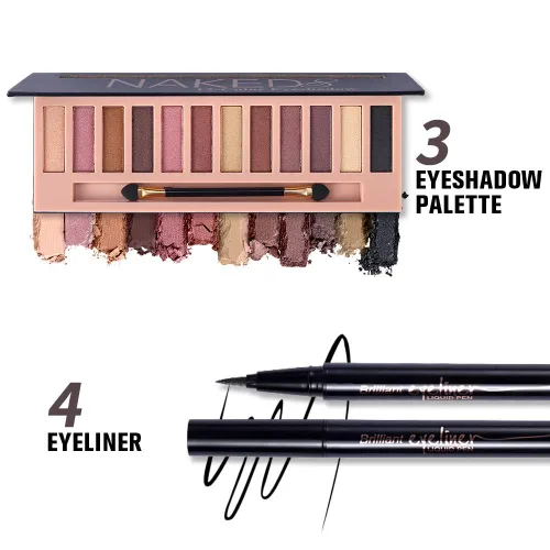 Miniatura 4 de Kit de maquillaje todo en uno, paleta de 12 colores de sombras de ojos desnudas brillantes, lápiz delineador de ojos negro resistente al agua, kit