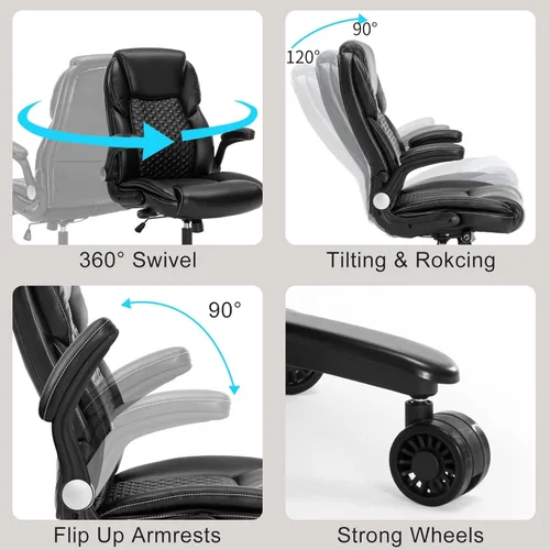Miniatura 5 de Silla de oficina ejecutiva grande y alta, silla de escritorio giratoria de piel sintética con brazos abatibles, soporte lumbar ajustable, altura que