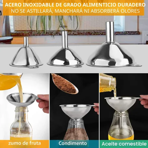 Miniatura 6 de Embudo de metal de acero inoxidable, juego de 3 embudos grandes, medianos y pequeños, mini embudos de grado alimenticio para uso en cocina, botellas