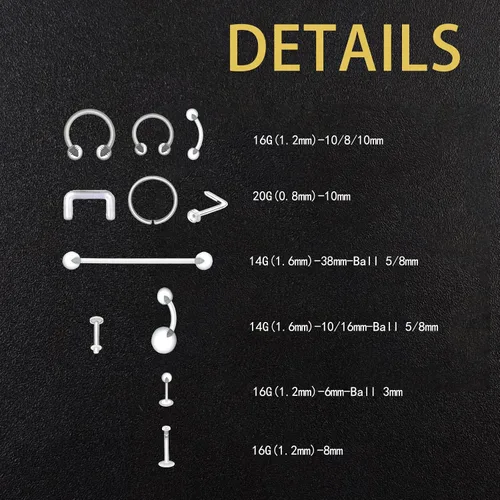 Miniatura 4 de Kit de 109 piezas de retenedores de piercings transparentes, nariz, tabique, ceja, labio, labio, labio, lengua, vientre, tragus, cartílago, anillos
