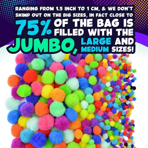 Miniatura 2 de 410 unidades – Pompones Jumbo para suministros de manualidades – 360 pompones peludos de colores grandes y pequeños surtidos con 50 ojos saltones
