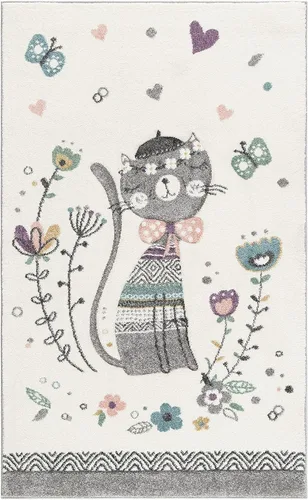 SAFAVIEH Carousel Kids Collection - Alfombra decorativa de 2 x 3 pies, color marfil y rosa, diseño de gato, no desprende pelusa y de fácil cuidado,