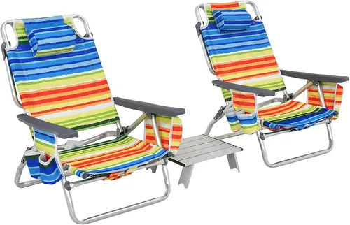 Miniatura 15 de Goplus Silla de playa, mochila plegable para adultos, sillas de playa con posiciones ajustables, almohada para la cabeza, bolsa refrigeradora
