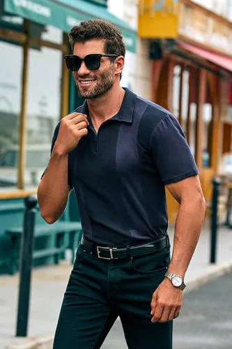 Miniatura 4 de Coutgo Camisas polo con cremallera para hombre, manga corta, a rayas, ajuste regular, cuello Fasion