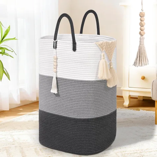 Miniatura 14 de Cesta Tejida de 65L para Ropa, Grandes Cestas de Lavandería Rectangulares con Cuentas y Borlas, Cesta de Almacenamiento para Guardería para Marrón