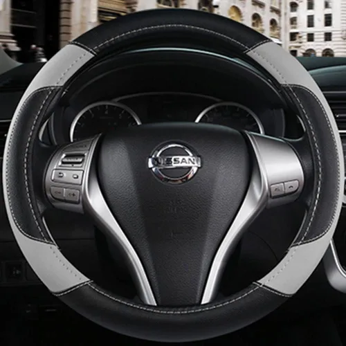 Miniatura 4 de Funda de cuero para volante de automóvil, protector de volante de automóvil antideslizante de cuero de microfibra transpirable, ajuste universal Gris