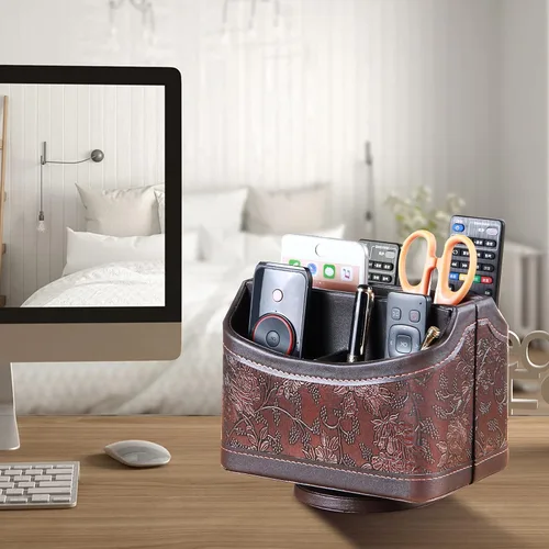 Miniatura 5 de YAPISHI Soporte para control remoto de cuero antiguo, caja giratoria de 360 grados para escritorio, organizador de mesa de noche para control