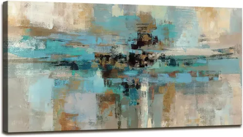 Miniatura 9 de DZL Art A74769 - Impresiones en lienzo abstractas para pared, pinturas artísticas azules y marrones, lienzo estirado de madera, enmarcado para sala