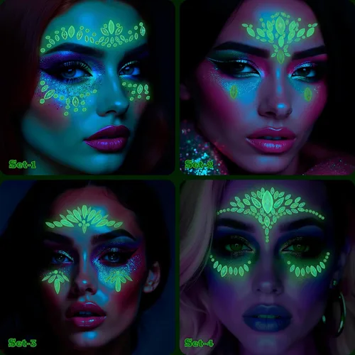 Miniatura 32 de 32 piezas de gemas faciales (diseños aleatorios) autoadhesivas con purpurina para tatuaje, gemas para festivales, fiestas rave, maquillaje corporal