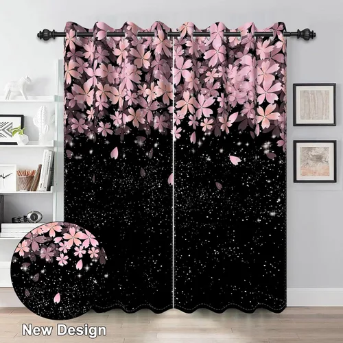 Miniatura 2 de Renaiss Pink Cherry Patels - Cortinas opacas con aislamiento térmico de flores de cerezo japonés, cortinas de ventana de dormitorio con estampado