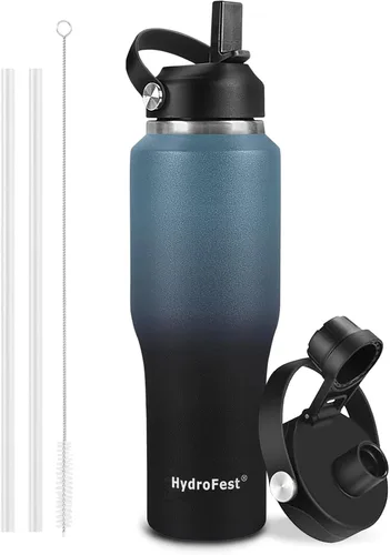 Miniatura 9 de Botella de agua de 32 onzas aislada con popote, botellas de agua a prueba de fugas, botella de agua para hombre, acero inoxidable para gimnasio