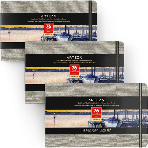 ARTEZA Libros de acuarela, paquete de 3, 8.3 x 5.1 pulgadas, 76 páginas cada uno, 110 lb/230 GSM, prensa en frío, de doble cara, sin ácidos, libros
