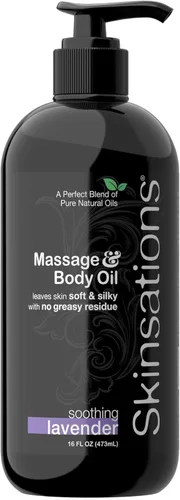 Skinsations - Aceite de masaje y cuerpo - Lavanda de 16 onzas | Ligera y sedosa suave, almendra dulce comestible, coco fraccionado, semillas de uva