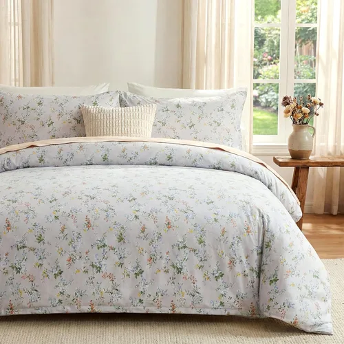Miniatura 13 de Juego de edredón floral verde, tamaño King, edredón 100% algodón, 3 piezas, suave, ligero, reversible, retro, floral, para todas las estaciones