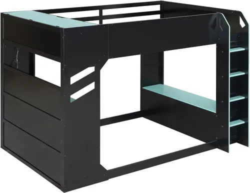 Miniatura 7 de Cama tipo loft de tamaño matrimonial con escritorio ajustable en altura y litera superior y caja de almacenamiento LED, marco de madera con barra