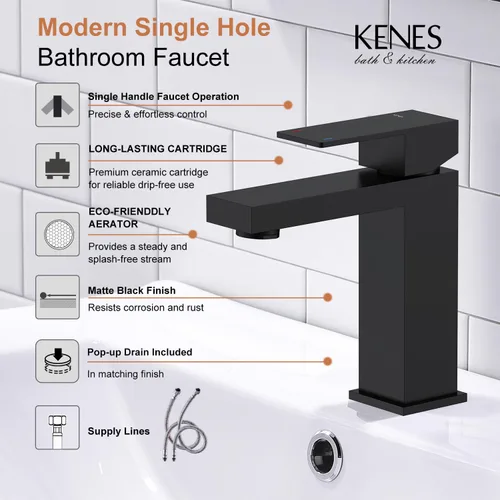 Miniatura 3 de KENES Grifo de lavabo de baño de una sola manija negro mate, grifo de tocador de acero inoxidable para lavabo de baño, con tapón de drenaje
