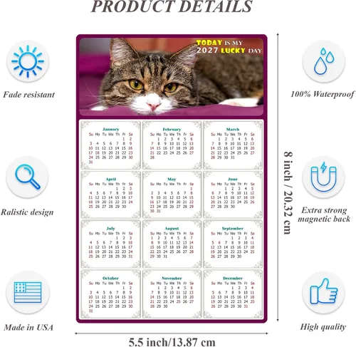 Miniatura 3 de Calendario magnético 2025 – Imanes del calendario – Today is my Lucky Day – Resistente a la decoloración, desgarros y agua – Temática de gato 022