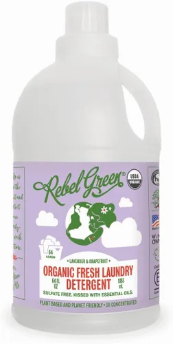 Rebel Green, detergente para la ropa fresco, líquido, orgánico HE, USDA - Jabón para lavar natural e hipoalergénico, lavanda y pomelo - 64 lavados