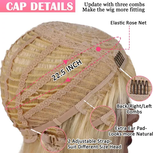 Miniatura 3 de Peluca de cabello humano lacio rubio 613 de 15 pulgadas con flequillo, sin pegamento, sin encaje frontal, Yaki Bob para mujer