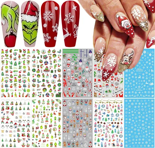 Miniatura 8 de 6 hojas de calcomanías de uñas de copo de nieve plateado con purpurina 3D, autoadhesivas, diseño de uñas de invierno, diseño de uñas de reno, copos