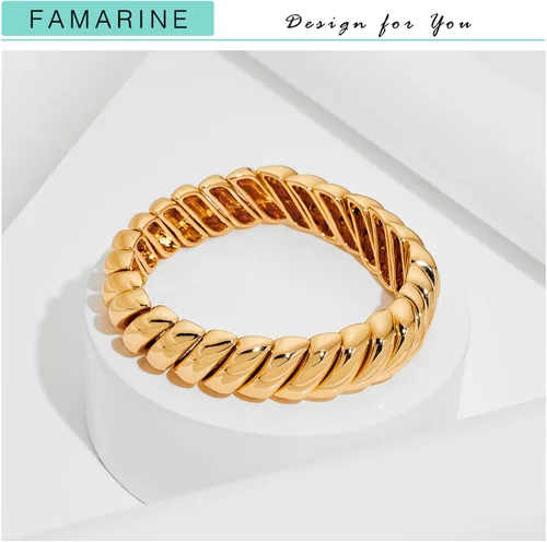 Miniatura 6 de FAMARINE Brazalete trenzado fino o grueso chapado en oro de 14 quilates, pulsera elástica elástica para parejas