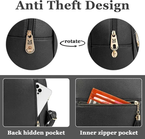 Miniatura 4 de Mini mochila antirrobo para mujer, bonita mochila escolar para adolescentes y niñas con cremallera segura y borla, Negro, Mochilas de viaje