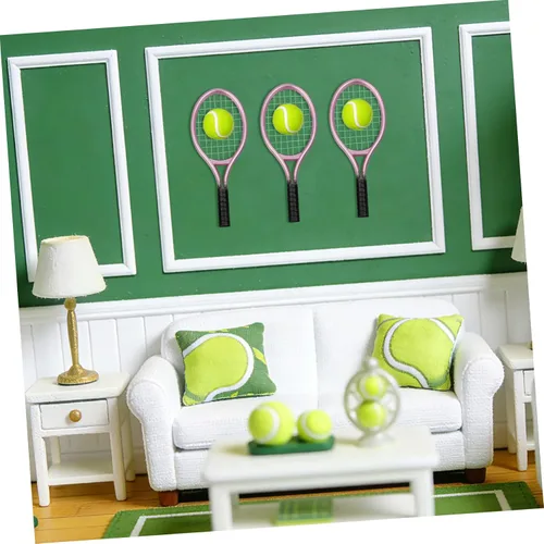 Miniatura 4 de Miniatures 3 juegos de mini raqueta de tenis, accesorios para casa de muñecas 1:12, mini raqueta de tenis deportiva y juego de pelota para mini casa