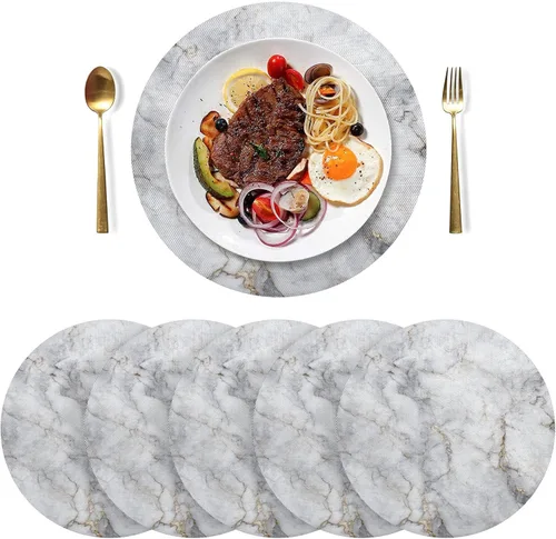 Marble White Golden Print Placemats Set of 6 Washable Round Placemats for Dining Table Place Mats for Kitchen Heat Resistant Placemat for Kitchen