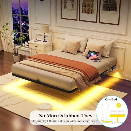 Miniatura 4 de Base de cama flotante con luces LED y estación de carga - Base de cama moderna de plataforma metálica con juntas de colchón - Libre de ruido,